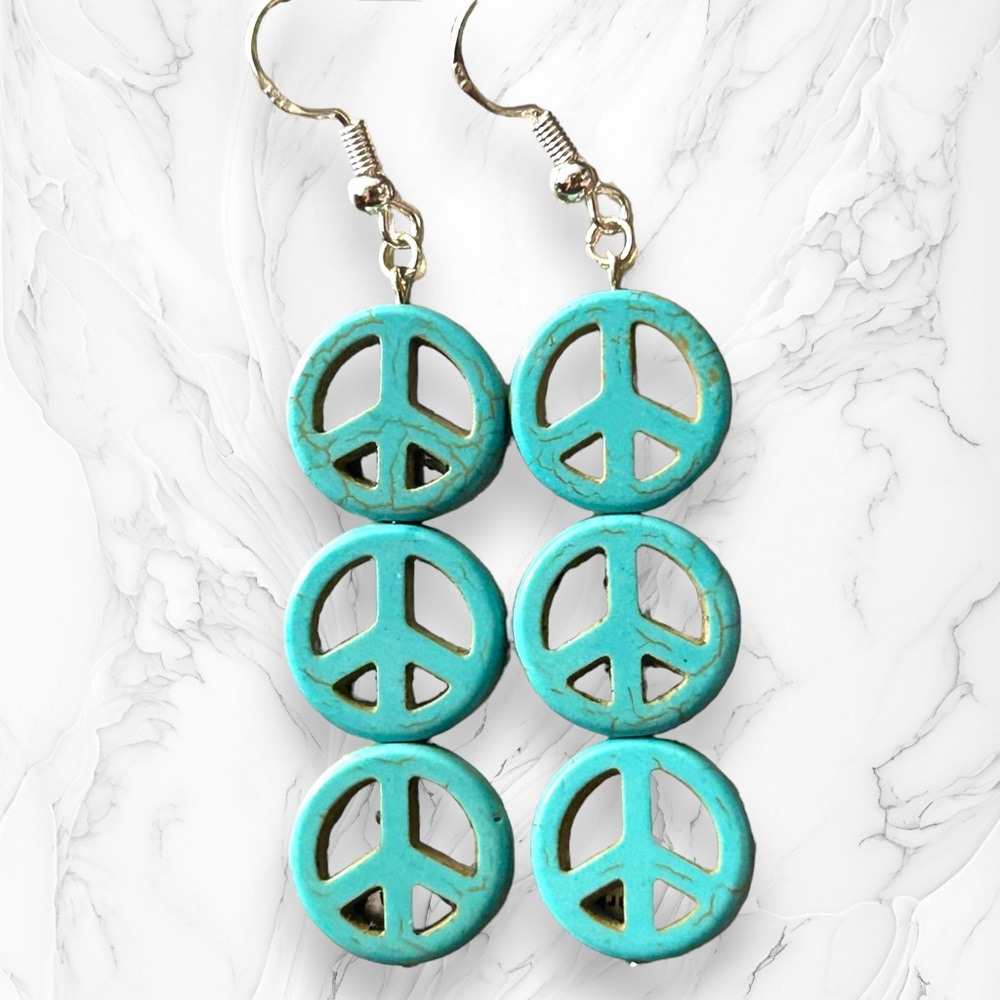 Hand Crafted Earrings Peace Sign Turquoise Hippie Boho Dangle Silver Green Resin - Picture 4 of 5